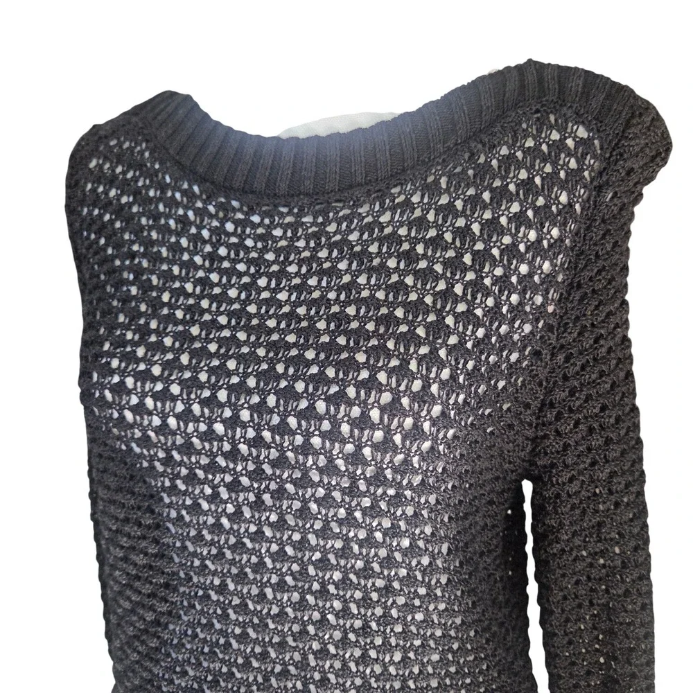 Calvin Klein Black Open Knit Linen Blend Sweater Boat Neck Medium Whimsigoth
